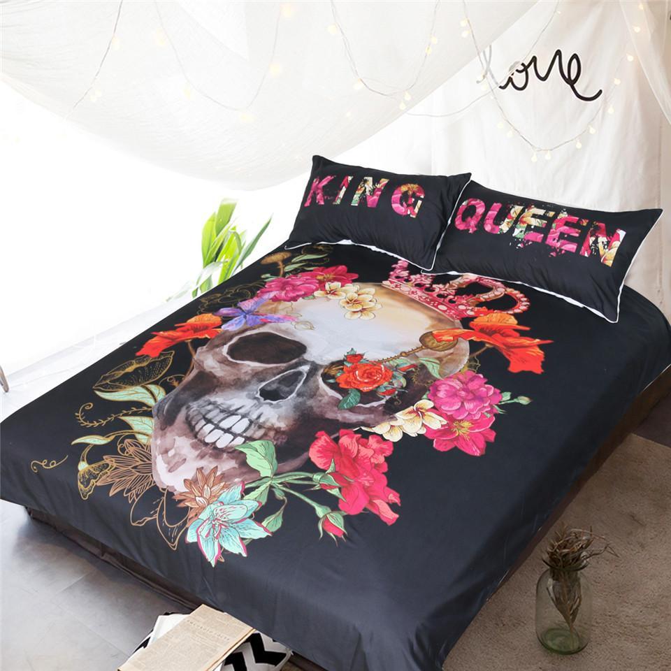 Blessliving Crowned Floralkull Ugarkull King Queen For Couple Gothic 3D Customized Duvet Cover Bedding Set