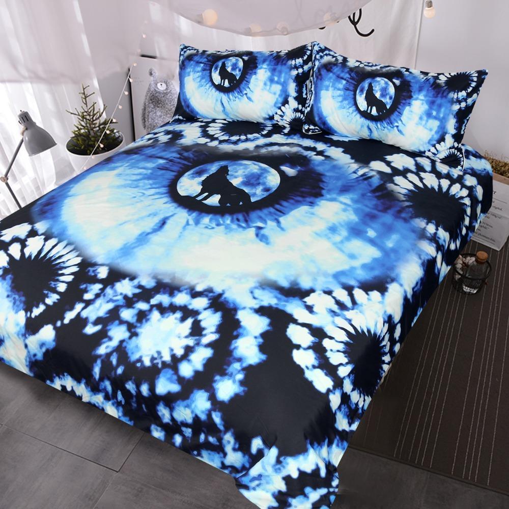 Blessliving Eye Of The Wolf Black And Blue Watercolor Tyedye Psychedelic Tie Dye Wildlife Art 3D Customized Duvet Cover Bedding Set
