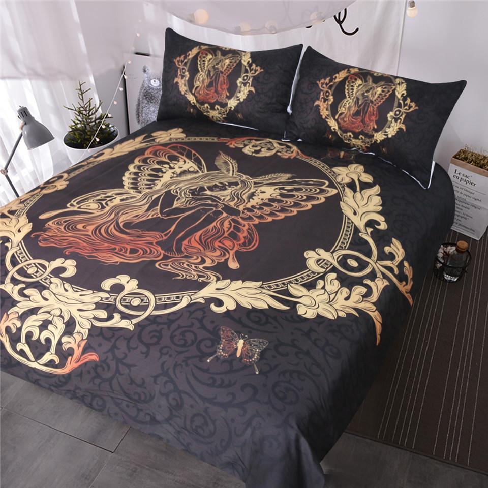 Blessliving Fairy Butterfly Girl Mirror Piece Gold Paisley Et Girly Chic Black Bed Cover 3D Customized Duvet Cover Bedding Set