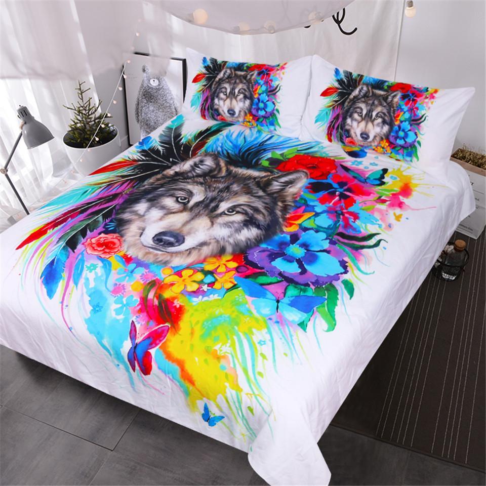 Blessliving Floral Boho Wolf Et Cool Wildlife Queen For Adults Bright Rainbow Flower Blossoms 3D Customized Duvet Cover Bedding Set