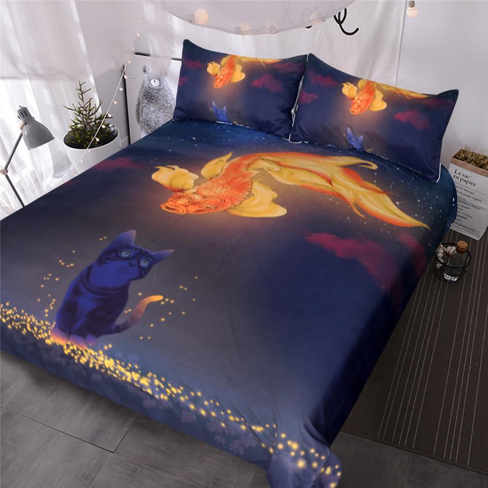 Blessliving Funny Cat And Goldfish Piece Woodland Animals Vintage Asian Cat Et For Kids 3D Customized Duvet Cover Bedding Set