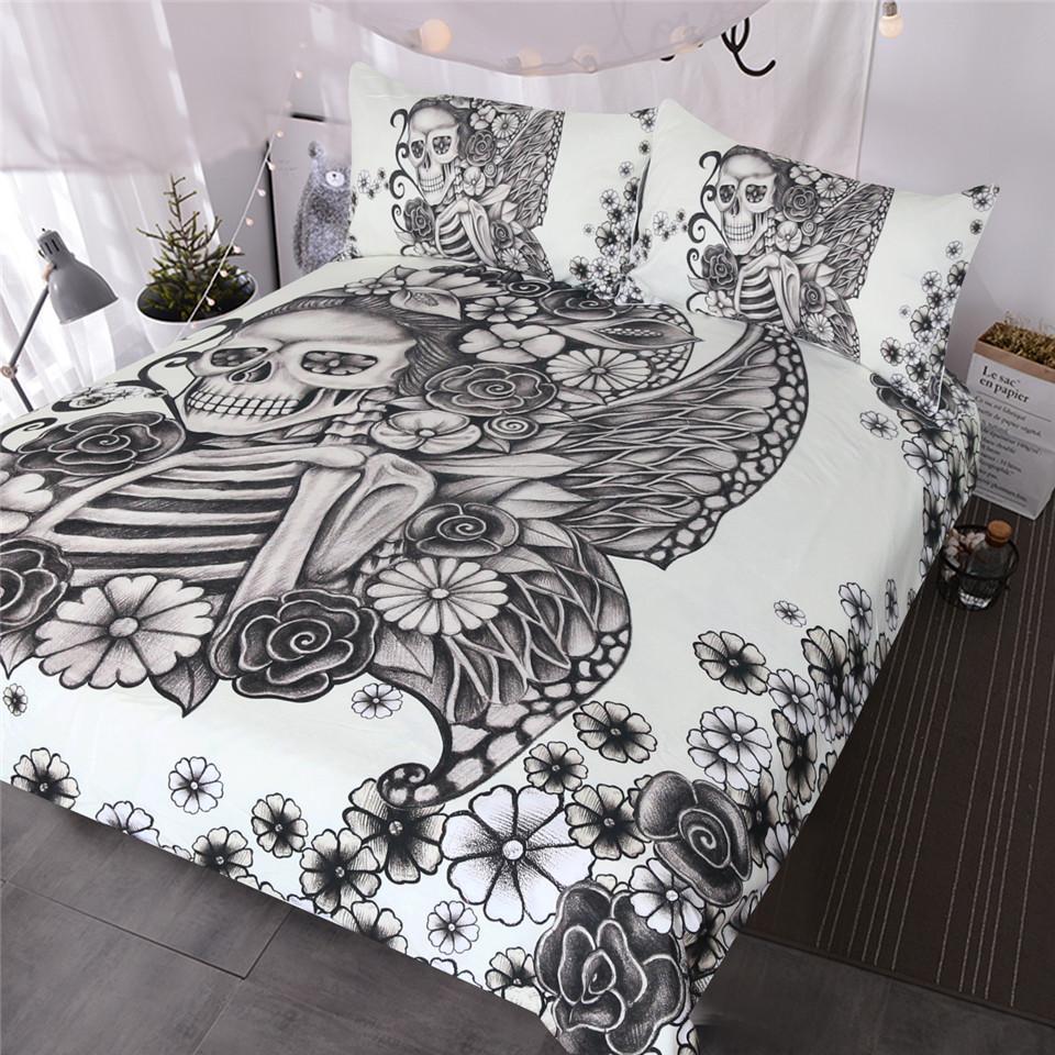 Blessliving Gothickull Retro Butterfly Rose Cover Black Whitekeleton Vintage 3D Customized Duvet Cover Bedding Set