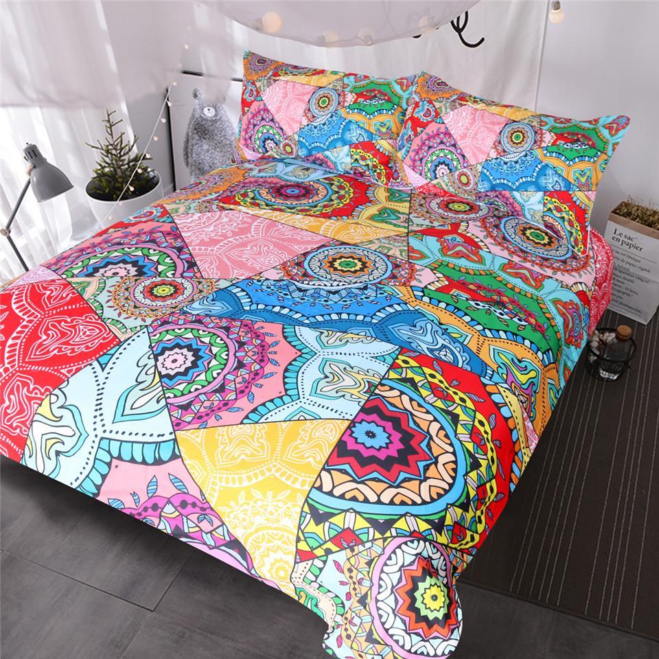 Blessliving Mandala Red Pink Boho Flowers Patchwork Et Queen For Adults Girls Colorful Bed Cover 3D Customized Duvet Cover Bedding Set