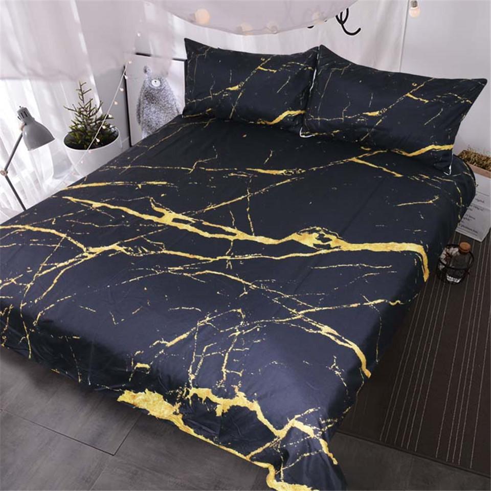 Blessliving Marble Quilt Cover Modern Faux Gold Glitter Black Marbletone Queen Pieces Trendy 3D Customized Duvet Cover Bedding Set