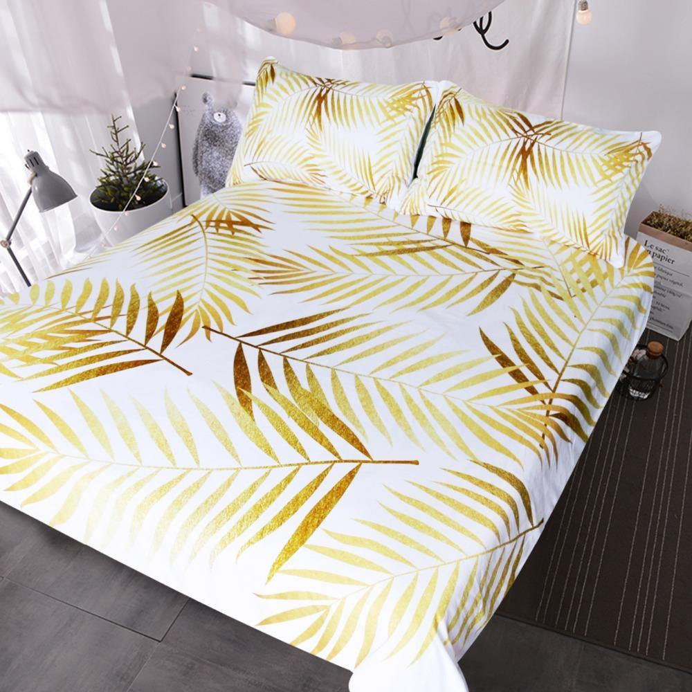 Blessliving Modern Palm Leaf Tropical Floral Botanic Print Gold White Coastal Life Havana 3D Customized Duvet Cover Bedding Set