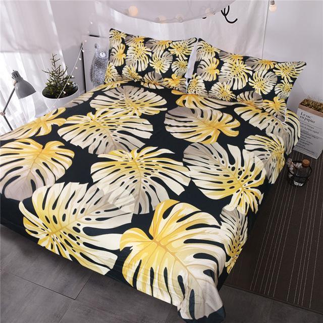 Blessliving Modern Tropical Leaf Gold Monstera Leaveshiny Patternummer Floral Et Black White 3D Customized Duvet Cover Bedding Set