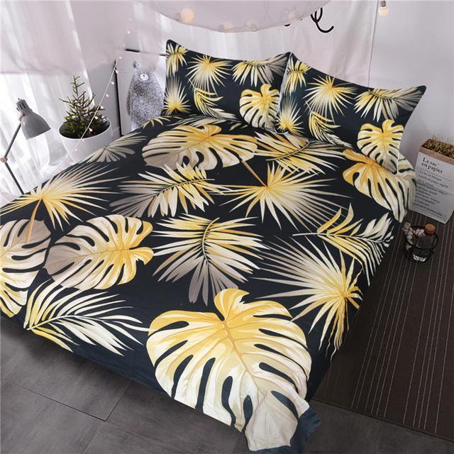 Blessliving Nature Inspired Tropical Monstera And Palm Leaves Piece Black Gold Trendy Botanical Chic3D Customized Duvet Cover Bedding Set