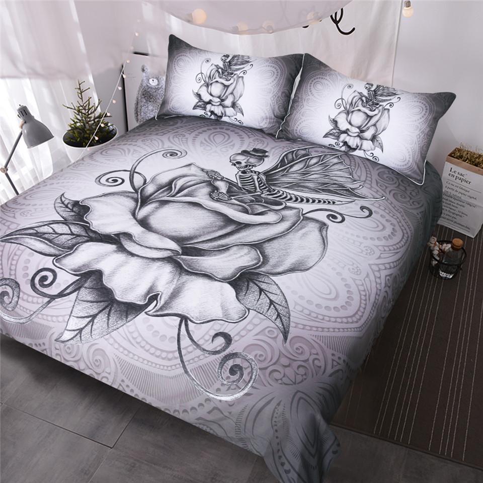 Blessliving Pale Grey Butterflykull Retro Roses Queenuperoft Romantic Dark 3D Customized Duvet Cover Bedding Set