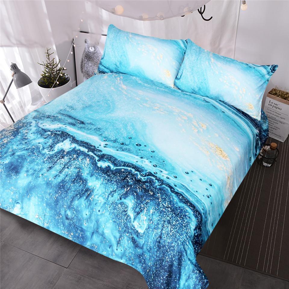 Blessliving Watercolor Golden And Blue Et Ocean Waves Bed Cover Abstract Printed King3D Customized Duvet Cover Bedding Set