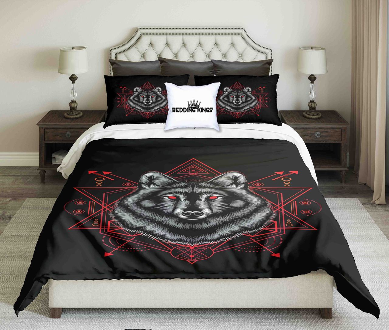 Bloody Eyes Werewolf In Mystic Geometric Red Pattern Design Kings 3D Customized Duvet Cover Bedding Set