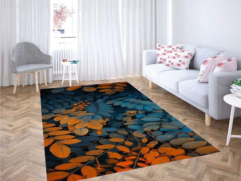 Blue And Orange Leaves Carpet Rectangle Rug