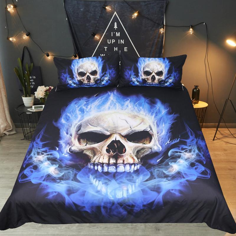 Blue Flame Skull Duvet Cover Bedding Set