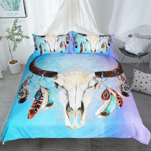 Blue Floral Skulls Duvet Cover Bedding Set