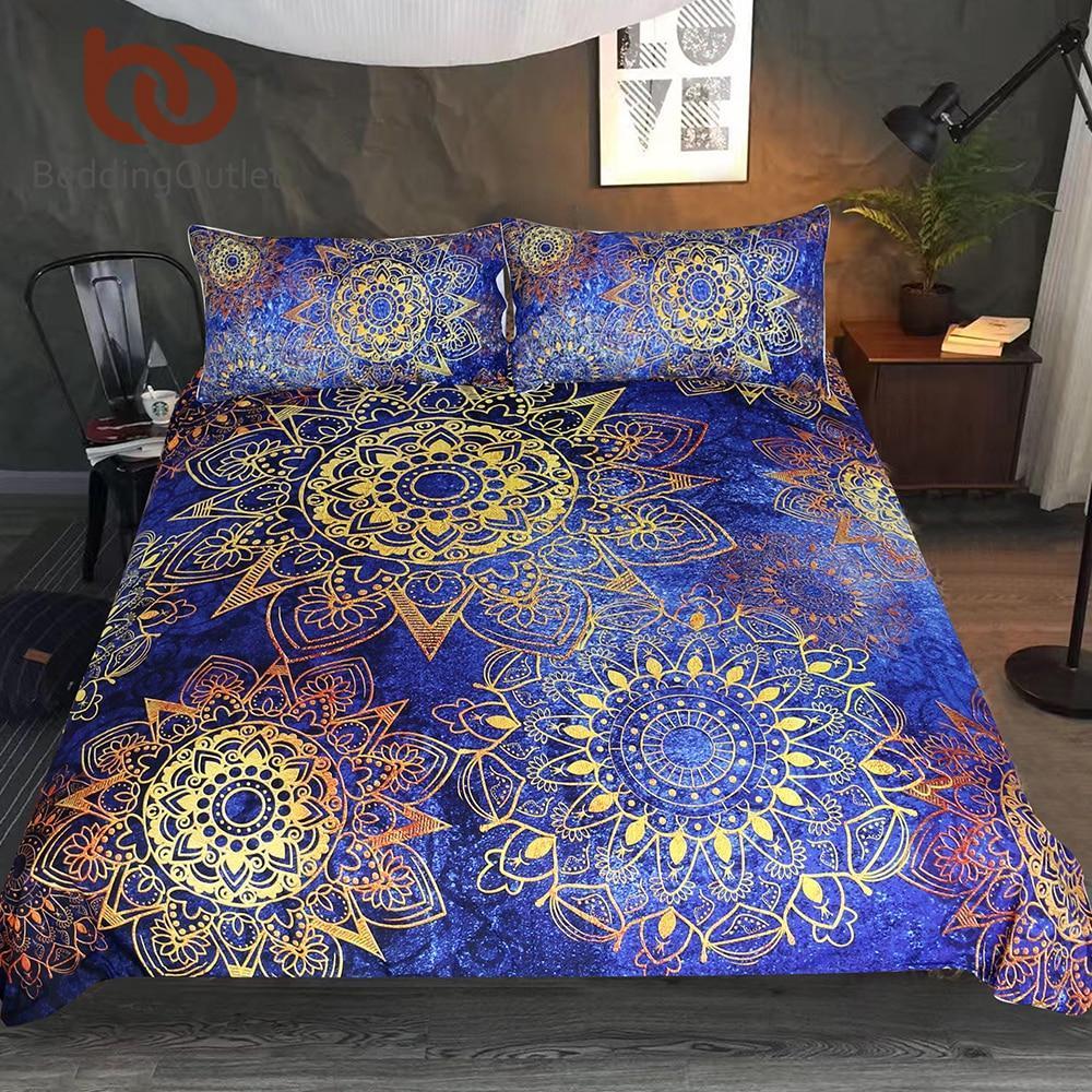 Blue Golden Flowers With Duvet Cover Bedding Set