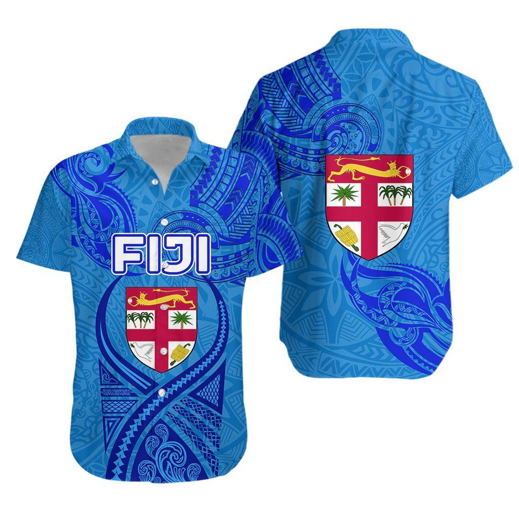 Blue Hawaiian Aloha Shirt Fiji Rugby Polynesian Waves Style Hawaiian Beach