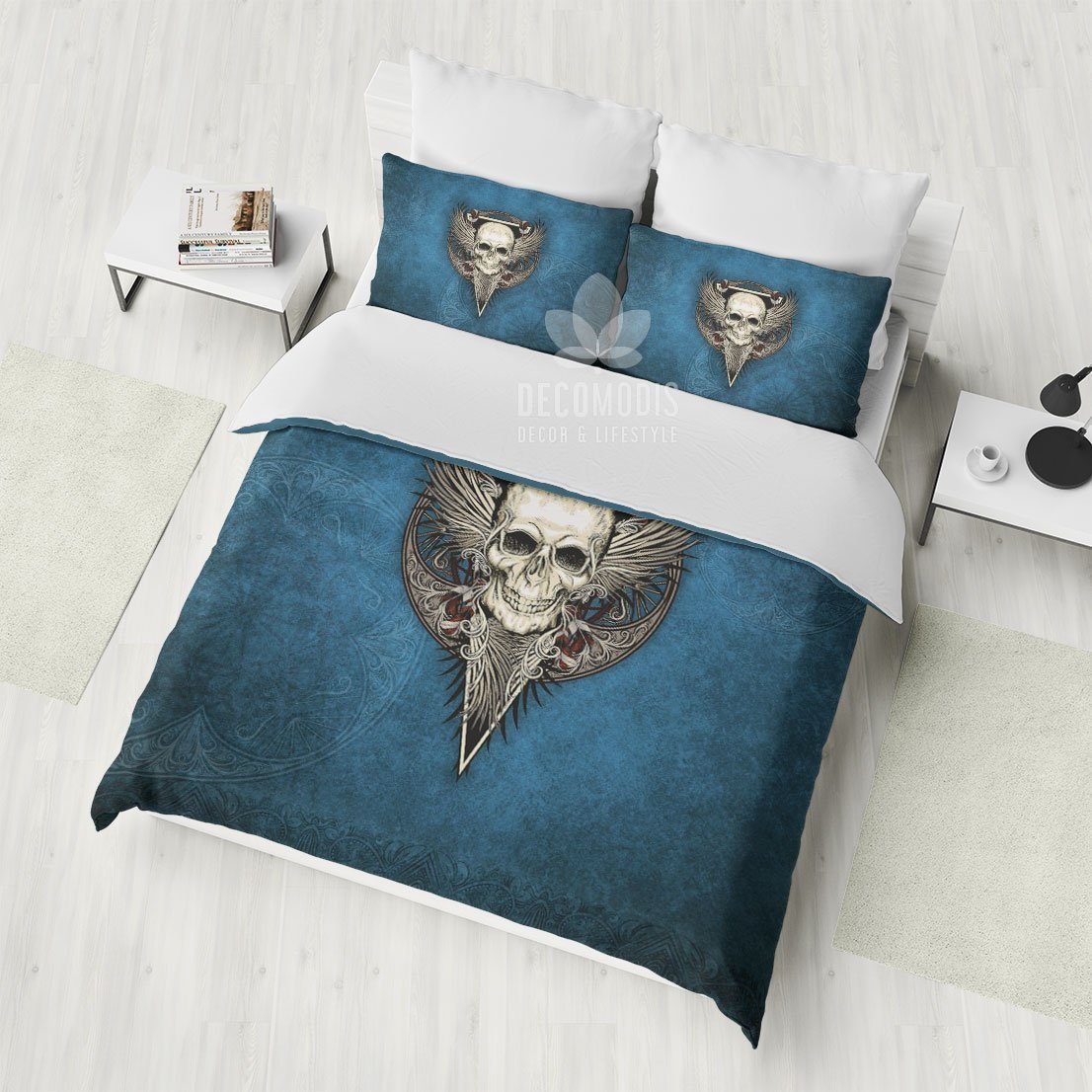 Blue Skull , Totem Skull , Amulet , Grunge Skull Duvet Cover Bedding Set