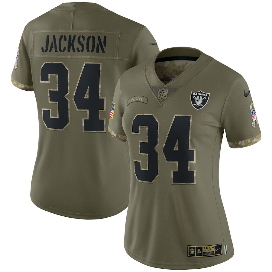 Bo Jackson Las Vegas Raiders Women’s 2022 Salute To Service Retired Player Limited Stitched Jersey – Olive