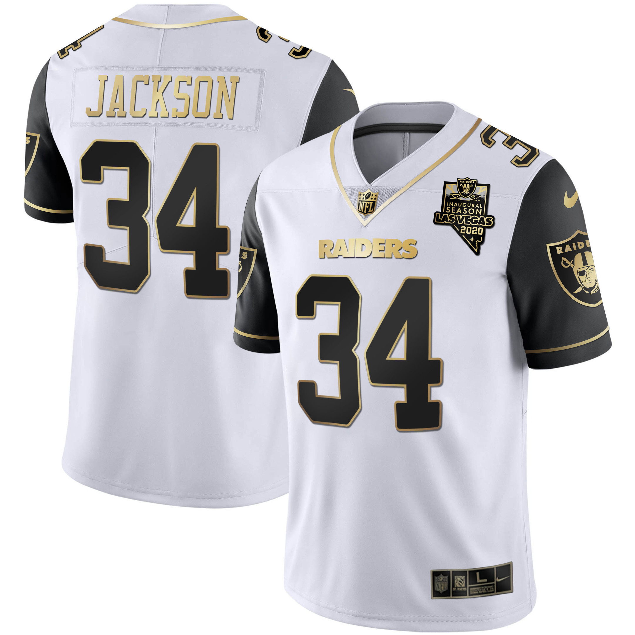 Bo Jackson Men's Las Vegas Raiders Alternate Vapor Black Gold & Black Inverted Limited Inaugural Season Patch Black Sleeves Jersey - All Stitched 