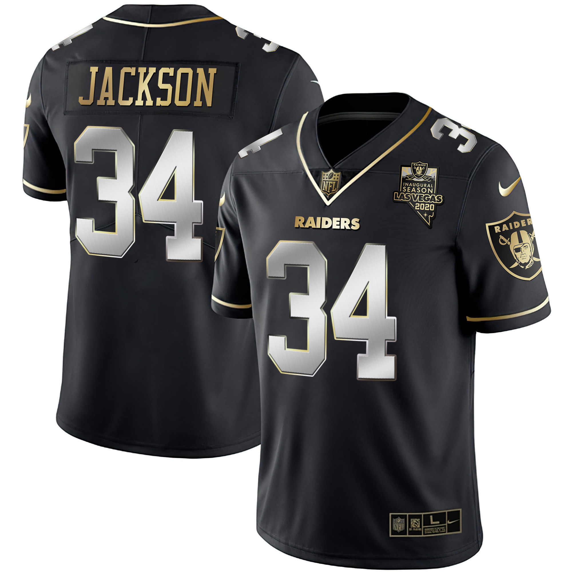 Bo Jackson Men's Las Vegas Raiders Inaugural Season Patch Gold & Split Black Limited Jersey - All Stitched 