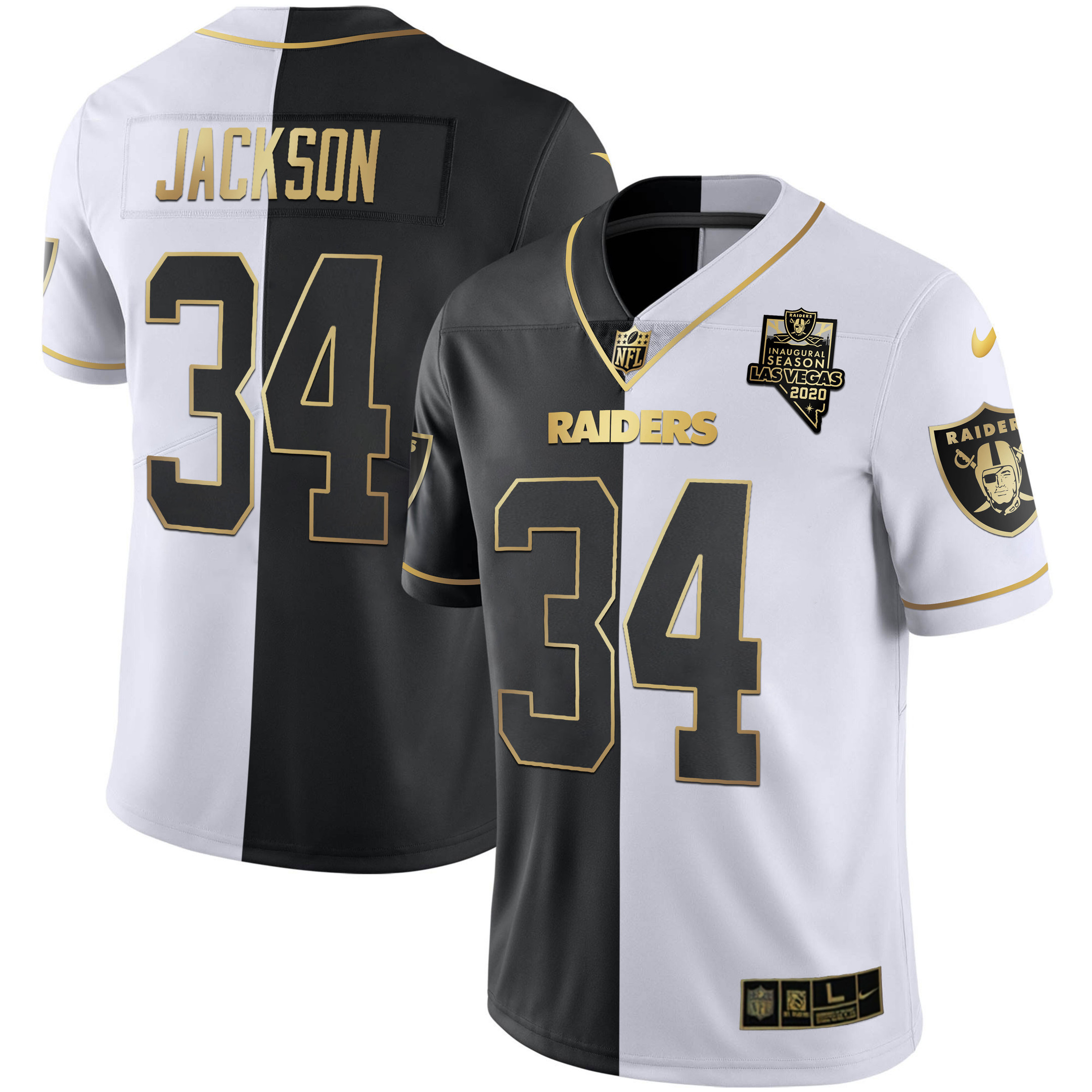 Bo Jackson Men's Las Vegas Raiders Inaugural Season Patch Gold & Split Split Gold Jersey - All Stitched 