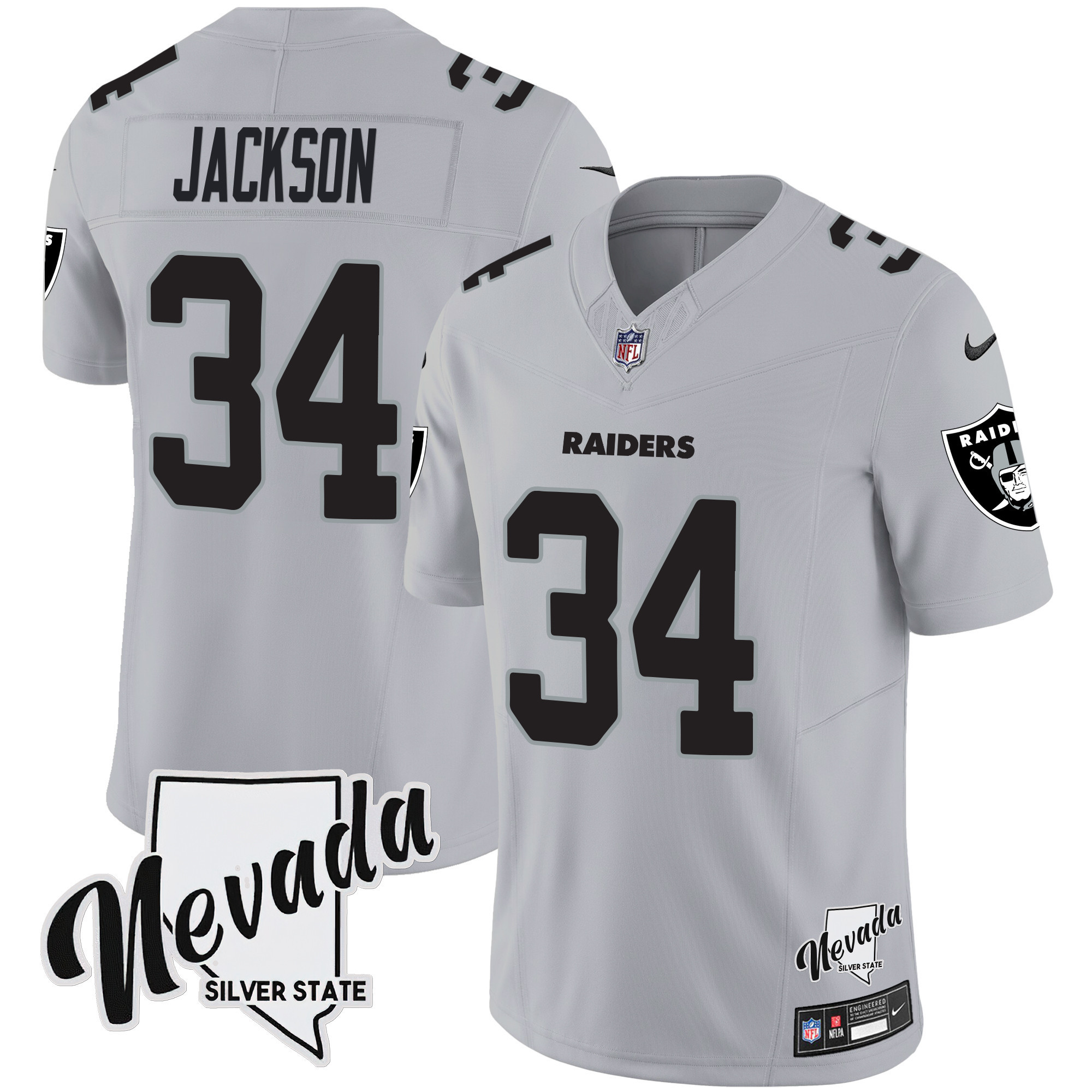 Bo Jackson Men's Las Vegas Raiders Nevada Silver State Patch Vapor Gray Jersey - All Stitched 