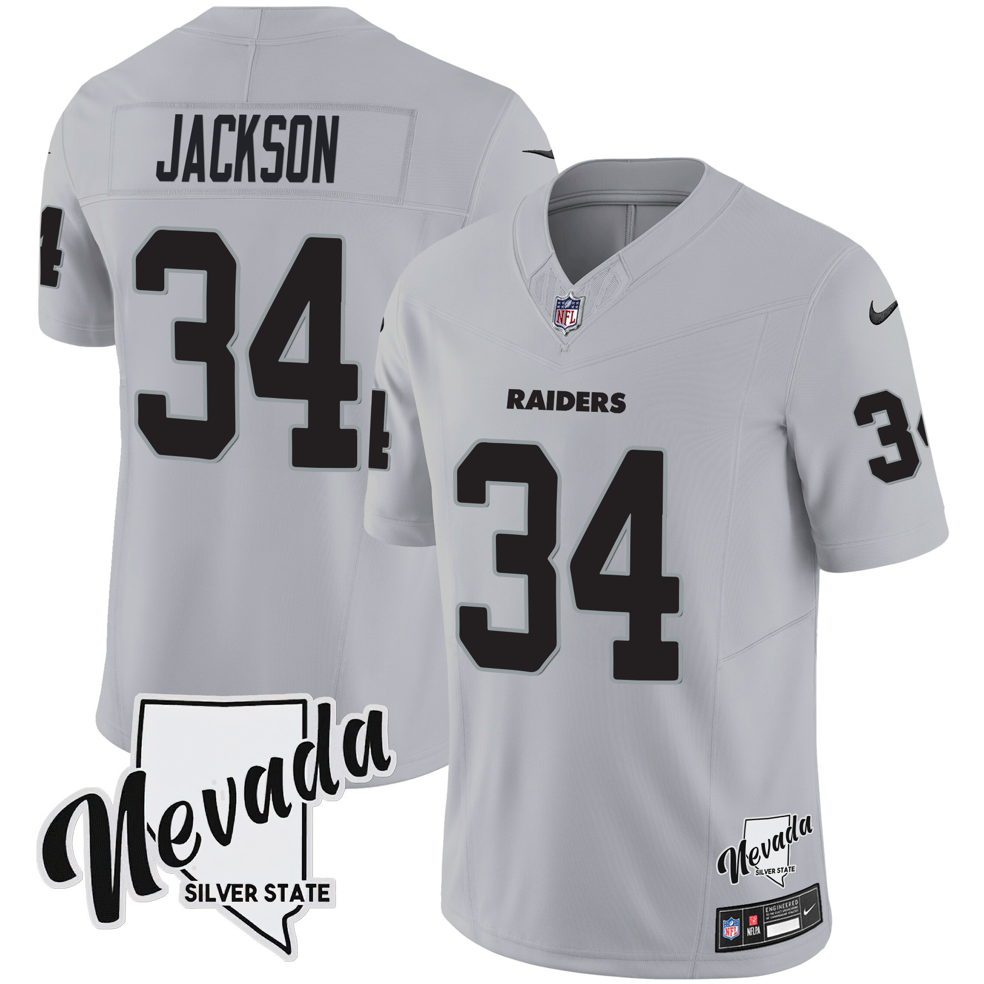 Bo Jackson Men's Las Vegas Raiders Nevada Silver State Patch Vapor Gray Jersey - All Stitched 