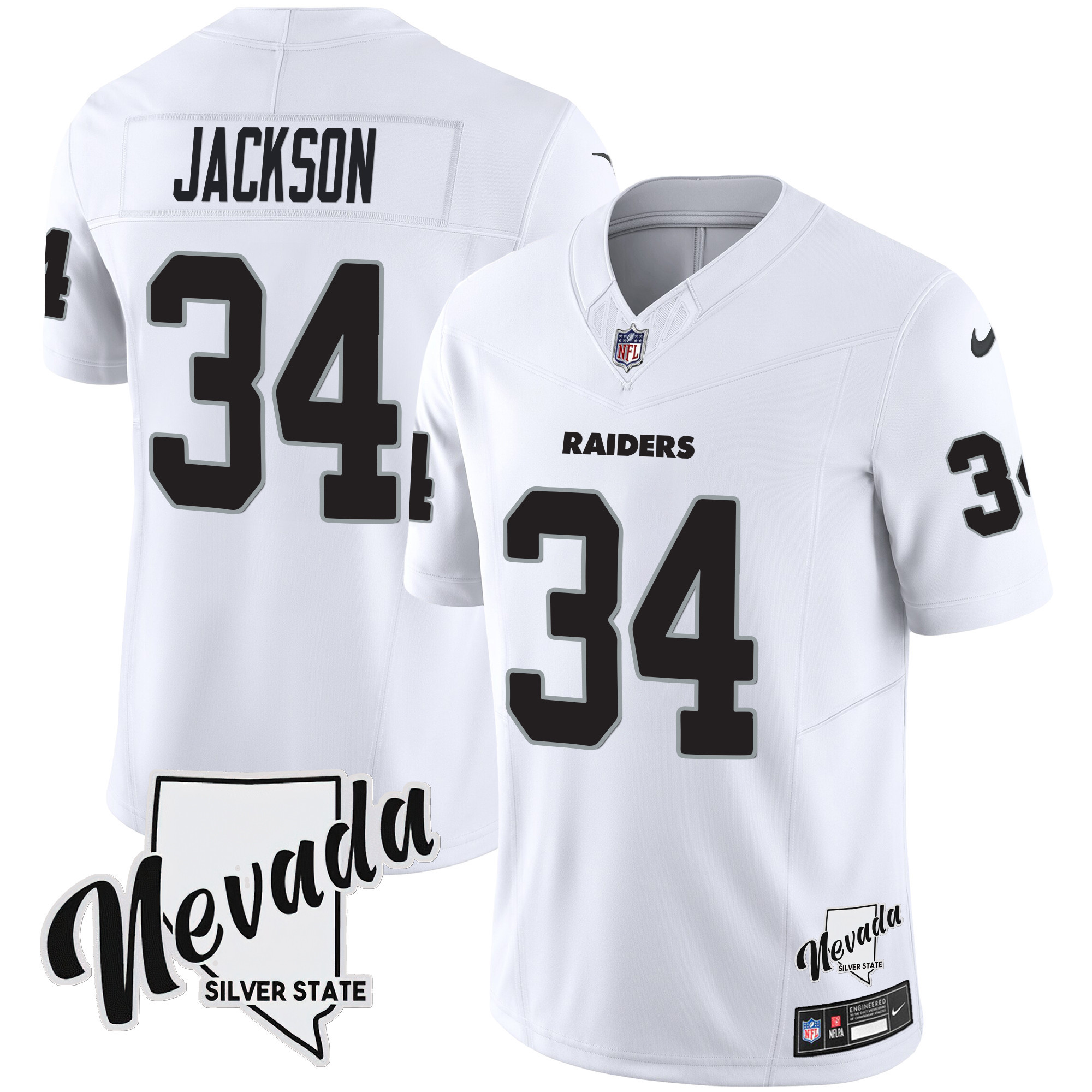 Bo Jackson Men's Las Vegas Raiders Nevada Silver State Patch Vapor White Jersey - All Stitched 