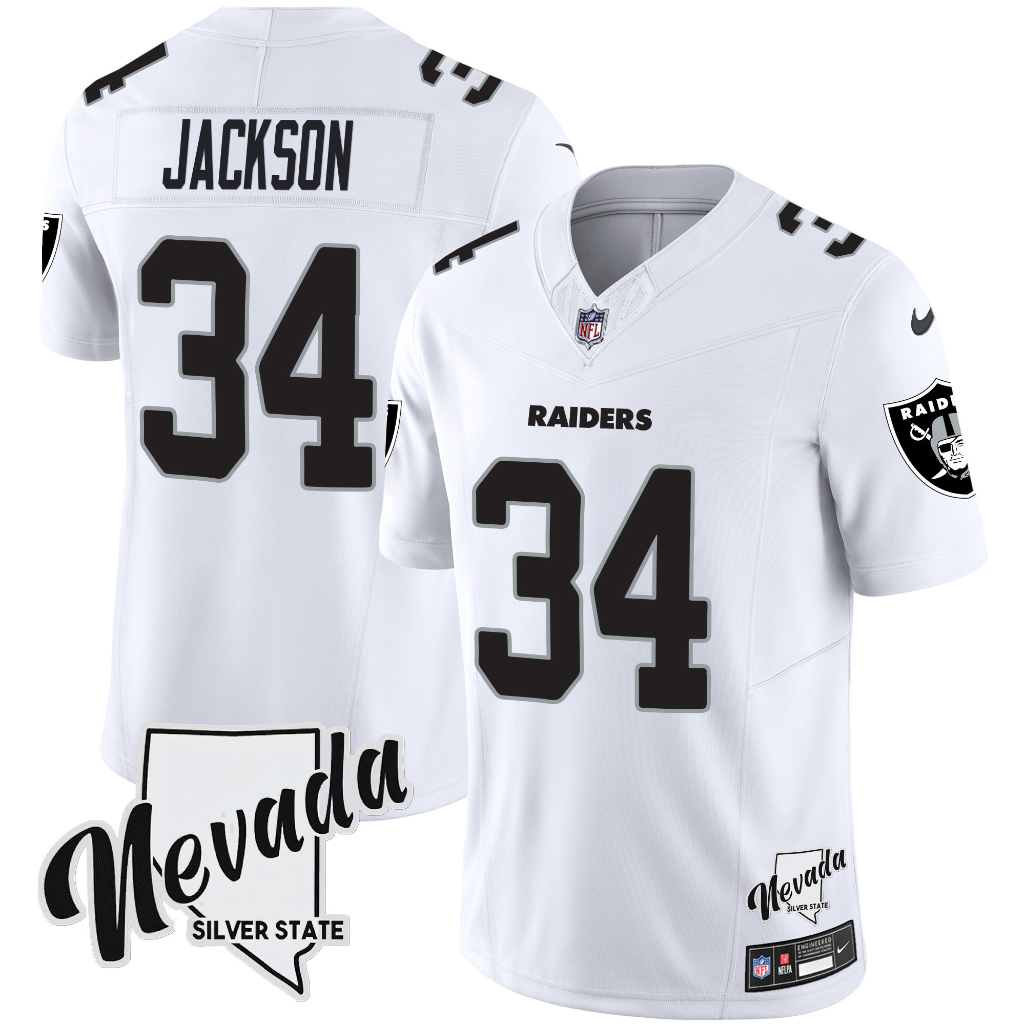 Bo Jackson Men's Las Vegas Raiders Nevada Silver State Patch Vapor White Jersey - All Stitched 