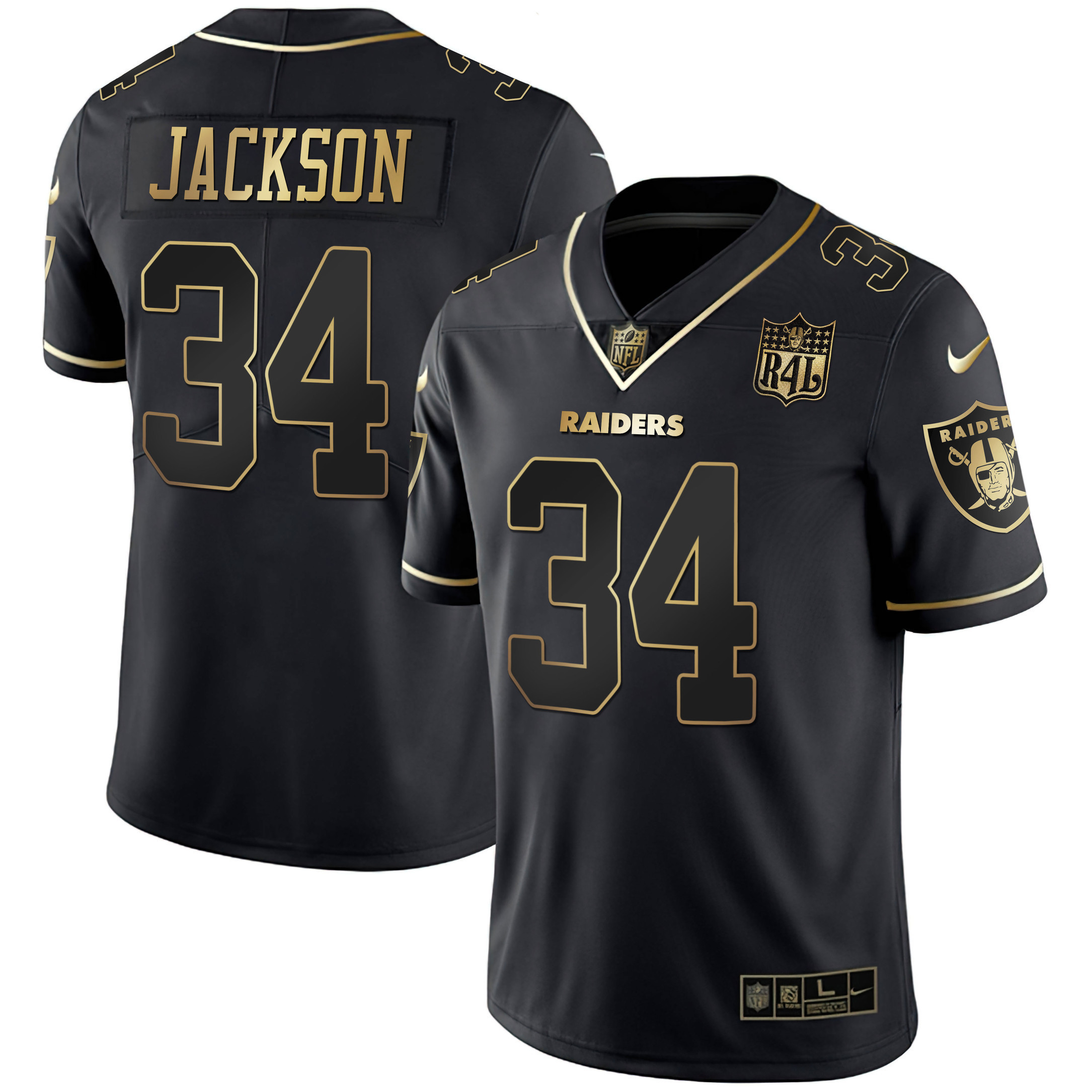 Bo Jackson Men's Las Vegas Raiders Raider4Life Patch White Gold and Black Gold Black Gold Jersey - All Stitched 