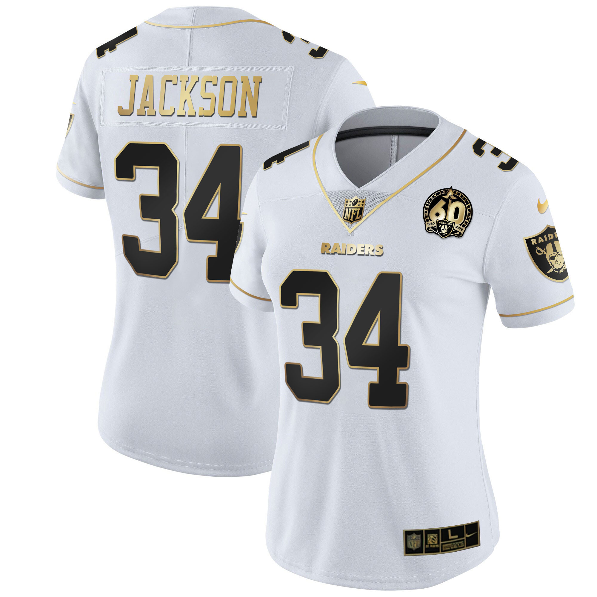 Bo Jackson Women's Las Vegas Raiders 60th Season Patch Gold & Split White Gold Jersey - All Stitched 