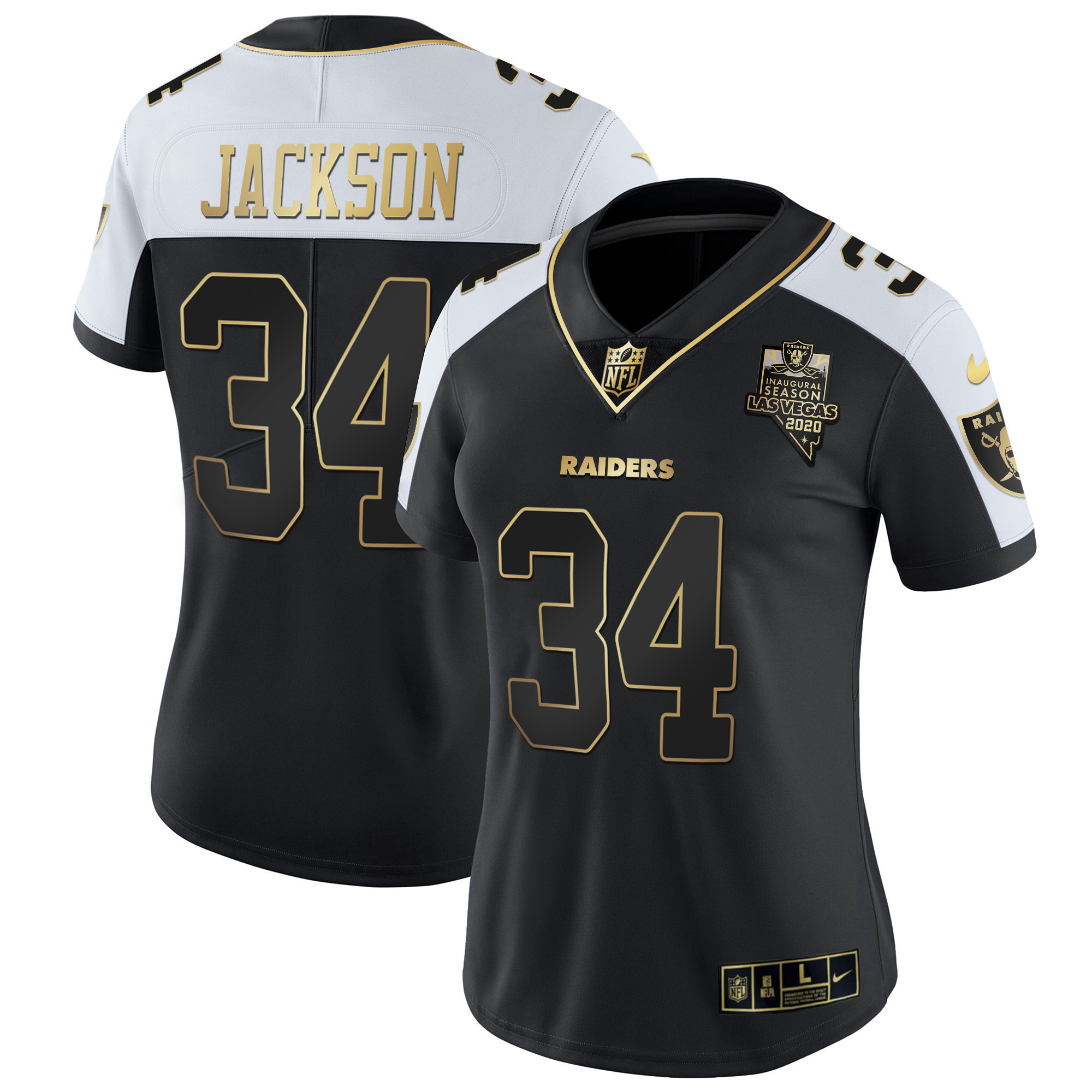 Bo Jackson Women's Las Vegas Raiders Inaugural Season Patch Gold & Split Alternate Jersey - All Stitched 