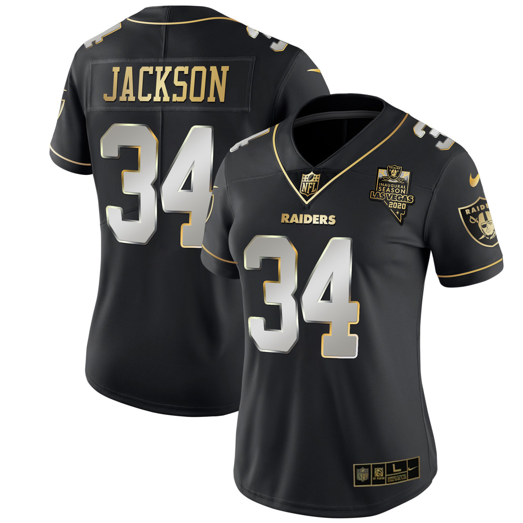 Bo Jackson Women's Las Vegas Raiders Inaugural Season Patch Gold & Split Black Limited Jersey - All Stitched 