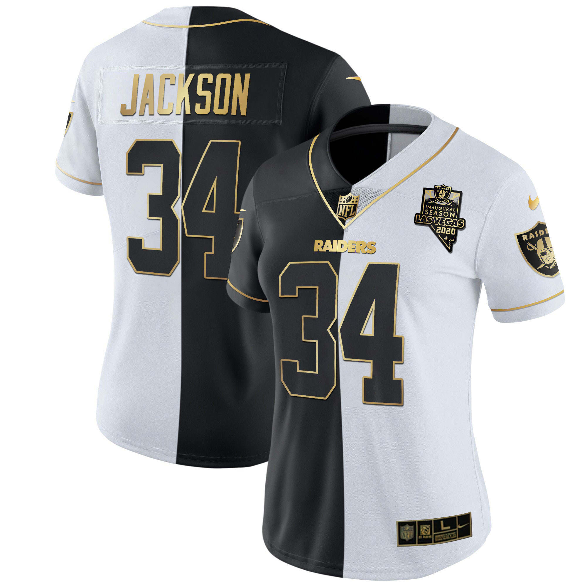 Bo Jackson Women's Las Vegas Raiders Inaugural Season Patch Gold & Split Split Gold Jersey - All Stitched 