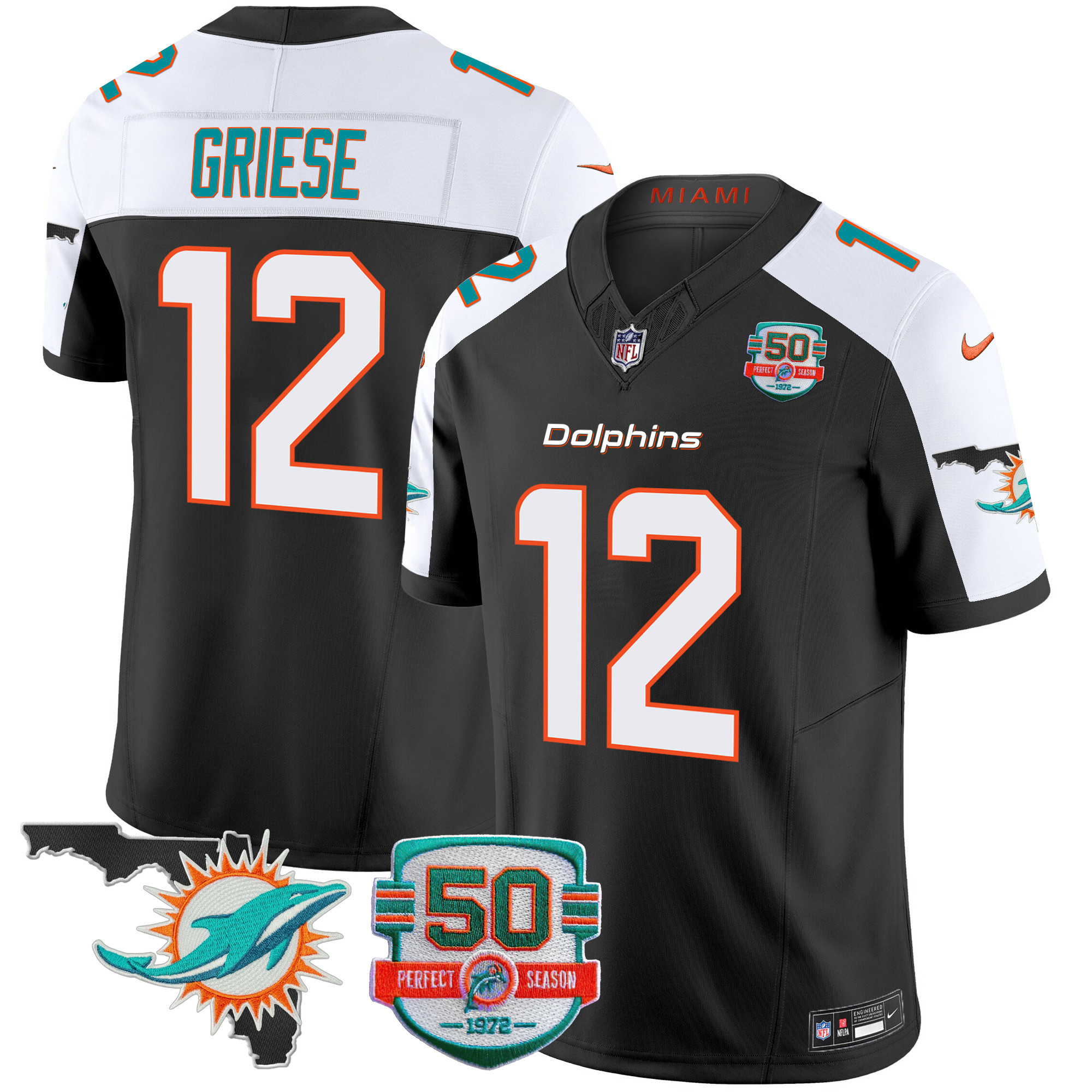 Bob Griese Men's Miami Dolphins 50th Perfect Season & Florida Patch Vapor Black Alternate Jersey - All Stitched 