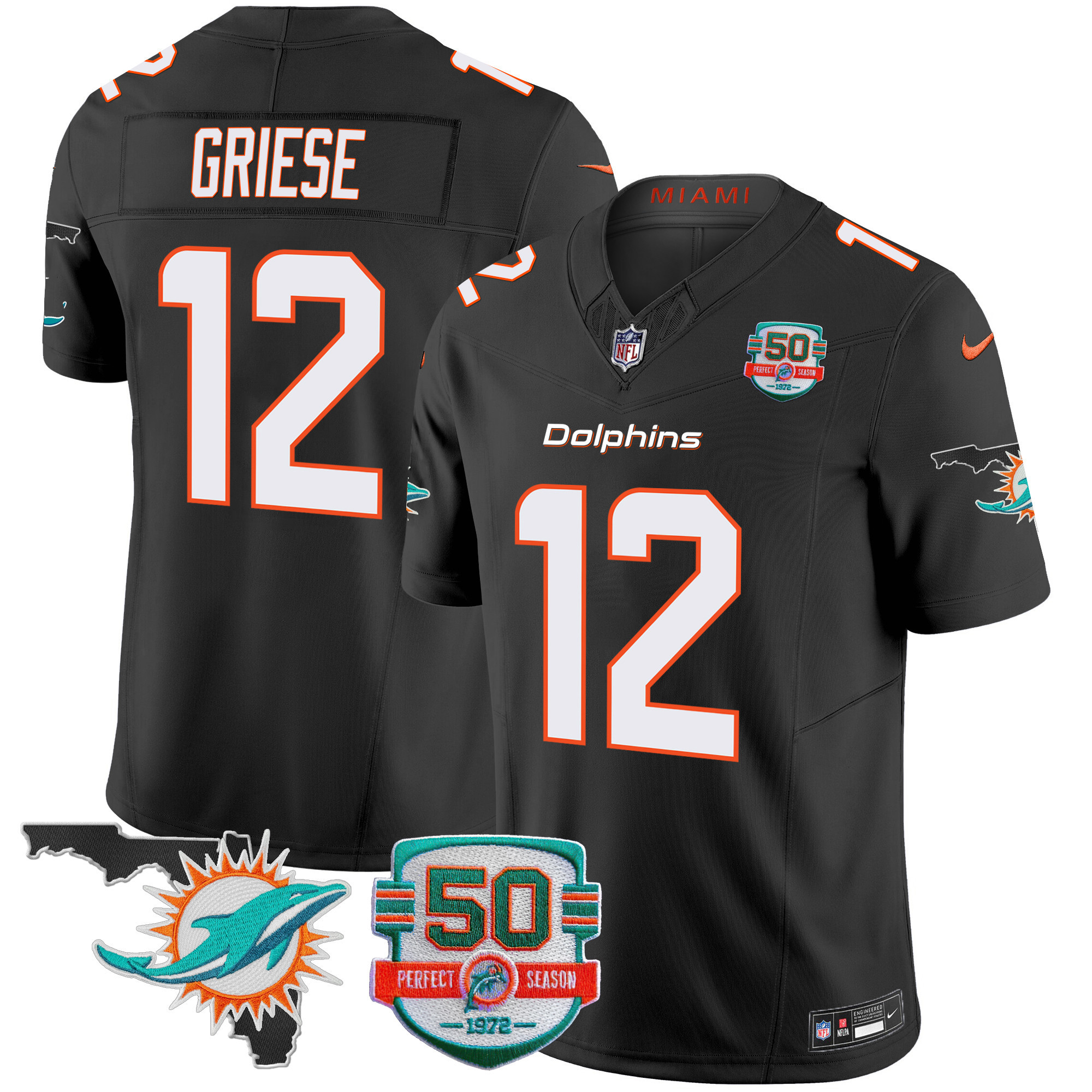 Bob Griese Men's Miami Dolphins 50th Perfect Season & Florida Patch Vapor Black Jersey - All Stitched 