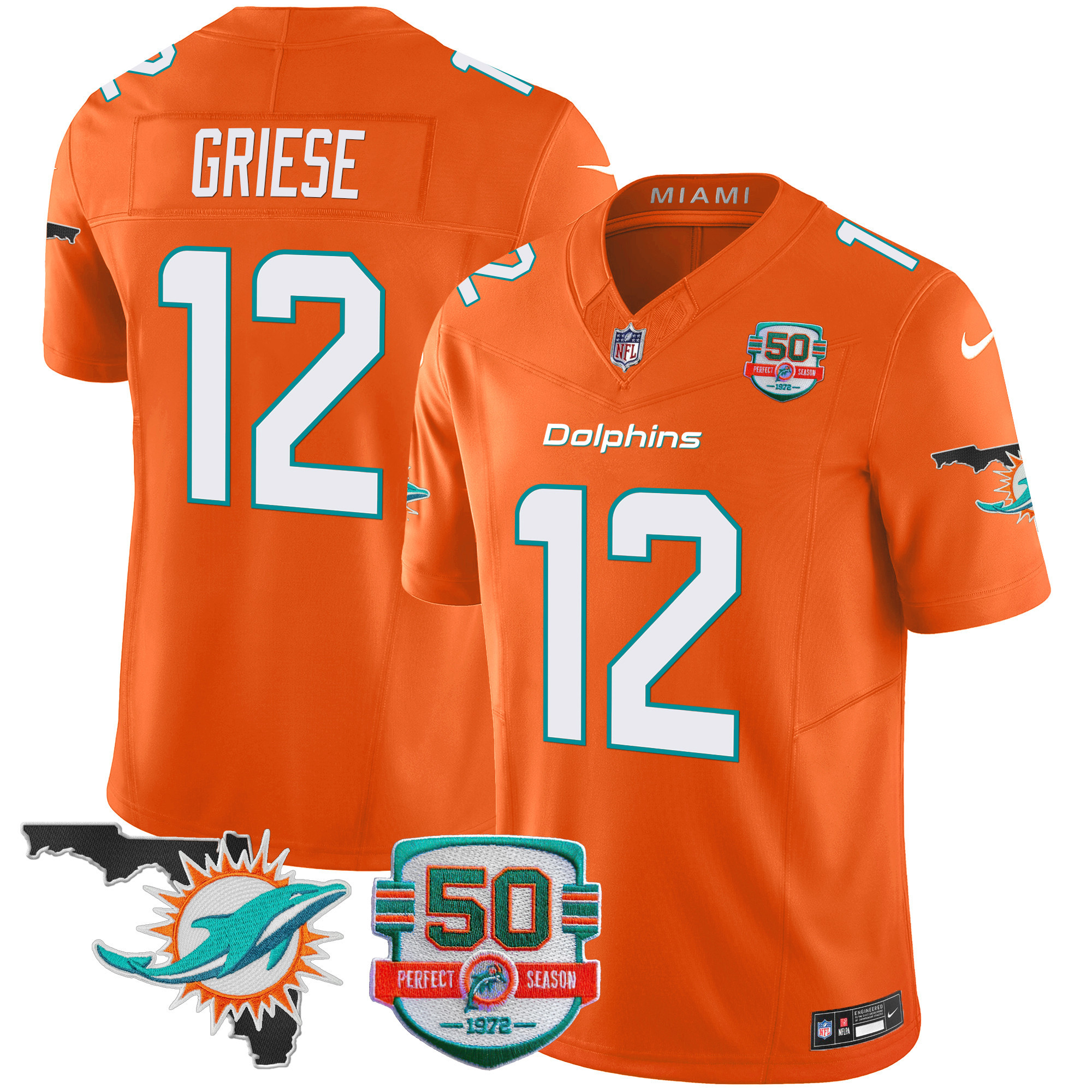 Bob Griese Men's Miami Dolphins 50th Perfect Season & Florida Patch Vapor Orange Jersey - All Stitched 