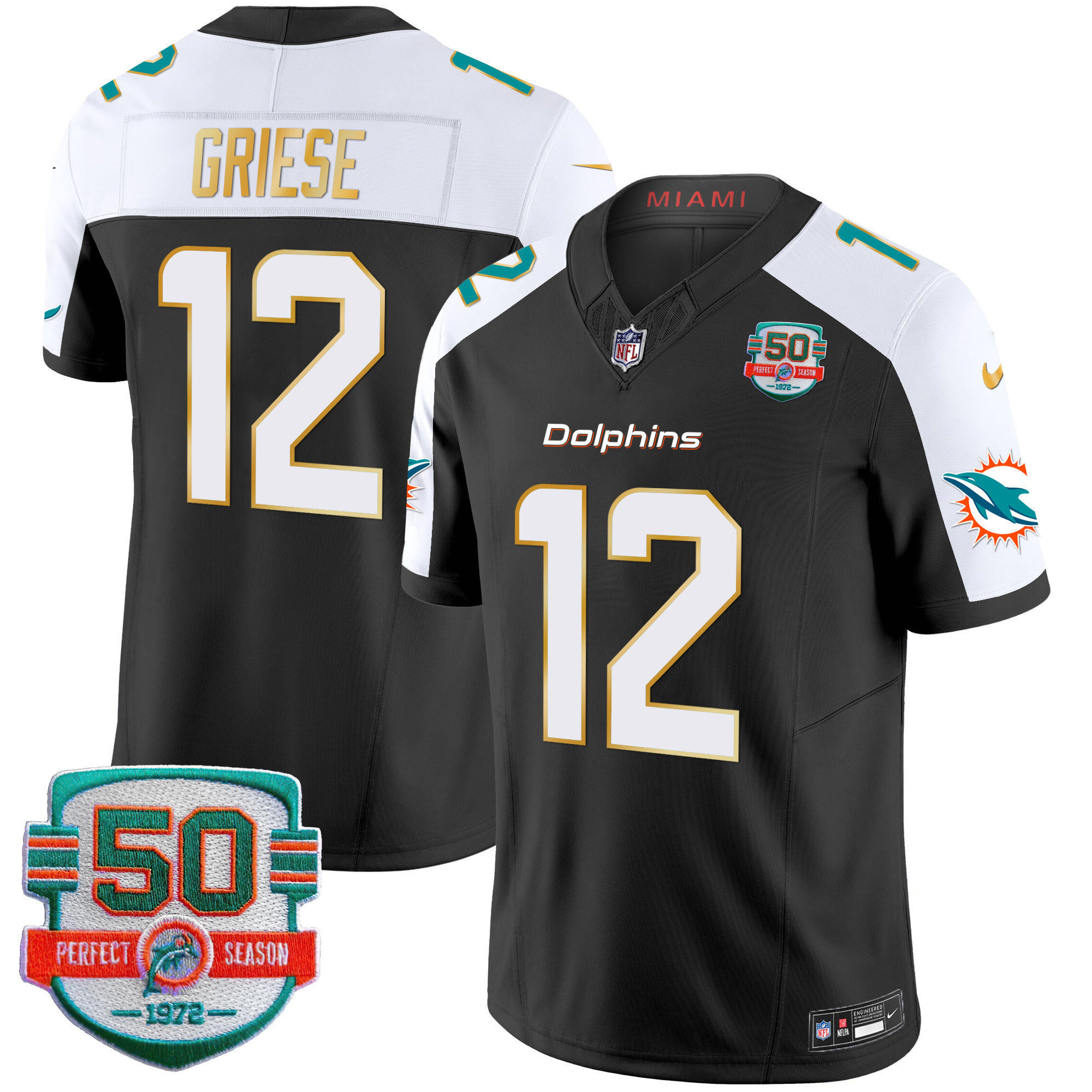 Bob Griese Men's Miami Dolphins Gold Trim Vapor Limited Black Alternate Jersey - All Stitched 