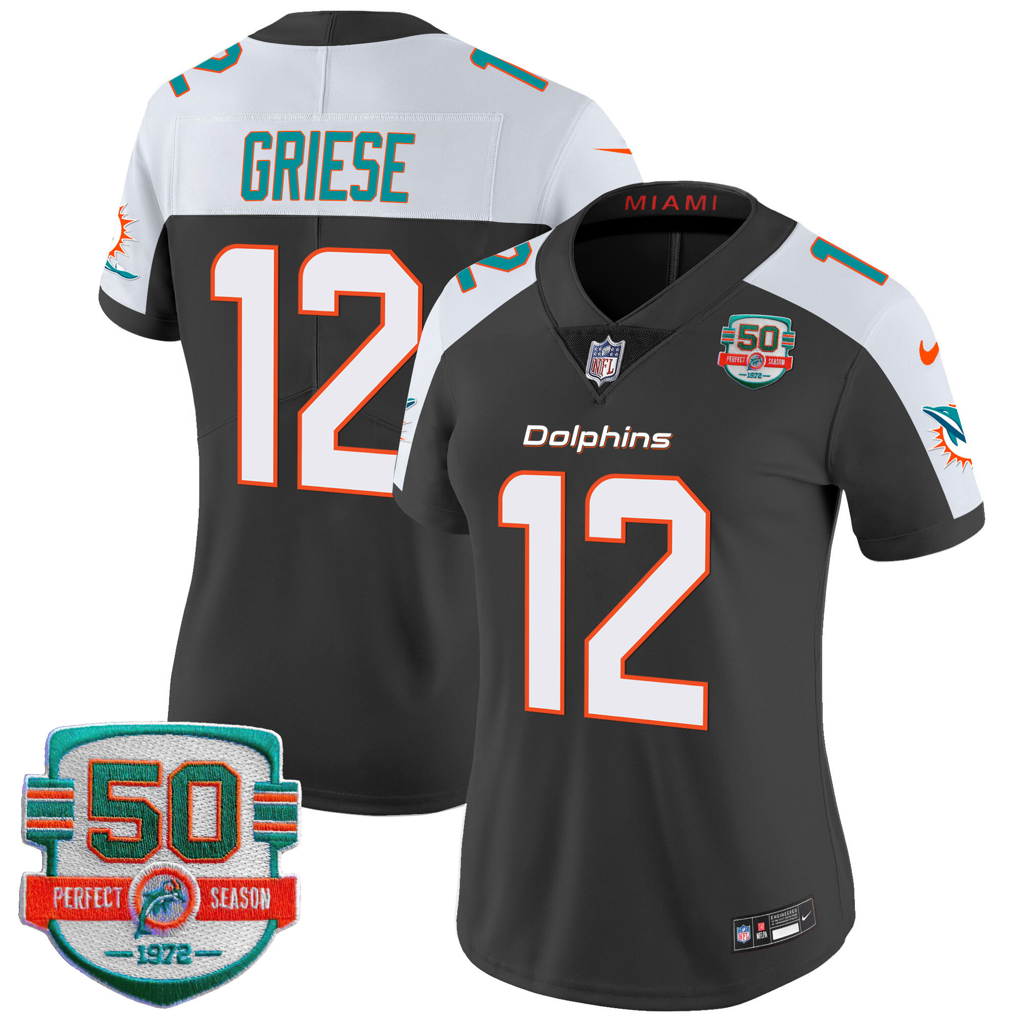 Bob Griese Women's Miami Dolphins 50th 1972 Perfect Season Patch Vapor Black Alternate Jersey - All Stitched 