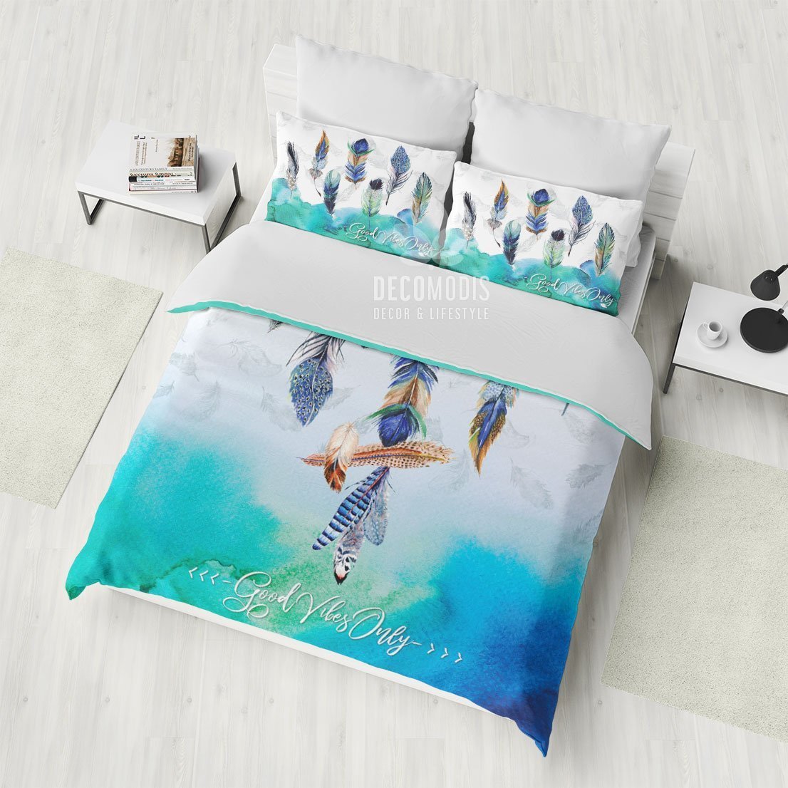 Bohemian , Boho Feathers , Good Vibes Only , Watercolor Home Decoration Duvet Cover Bedding Set