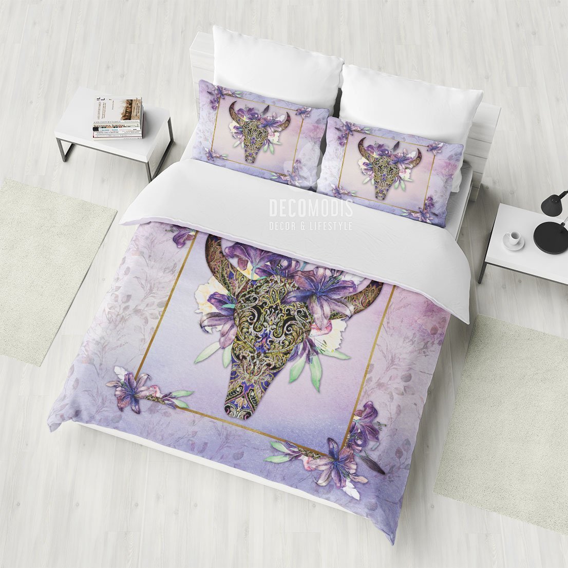 Bohemian Floral , Totem Buffalo Skull , Gentle Purple Floral Duvet Cover Bedding Set