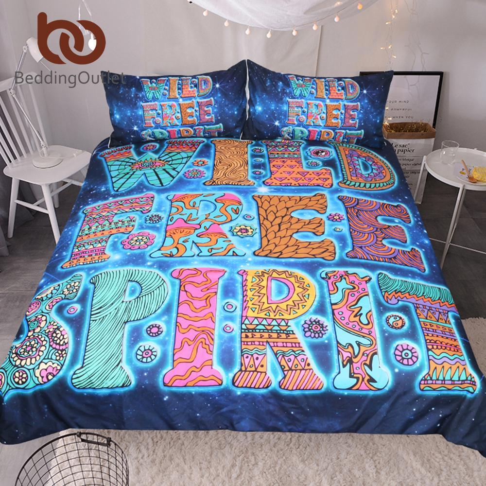 Bohemian Queen Galaxy Floral Printed Letters Blue Boho 3D Customized Duvet Cover Bedding Set