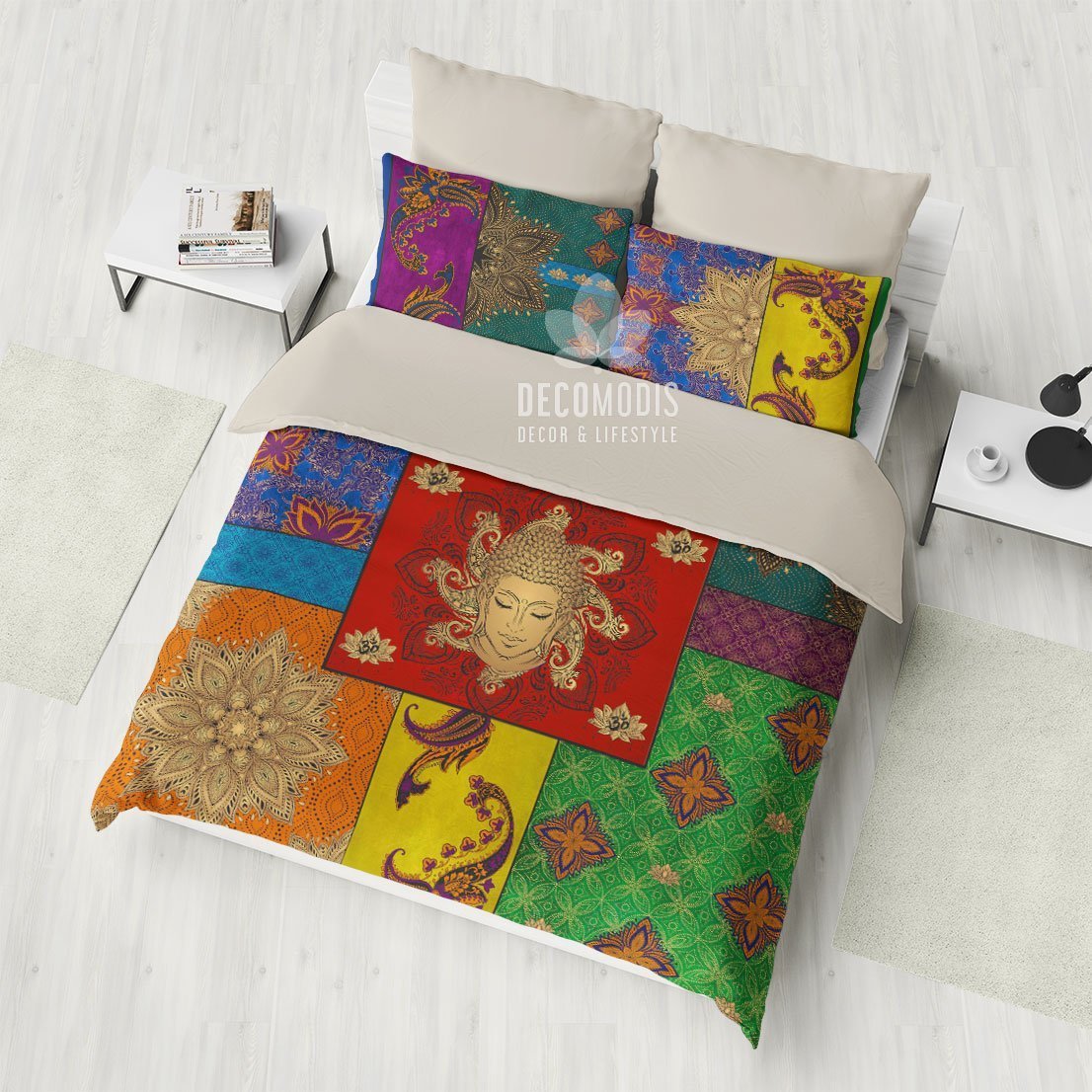 Boho Patchwork , Bohemian , Hindu , Spiritual Buddha Indie Art Duvet Cover Bedding Set