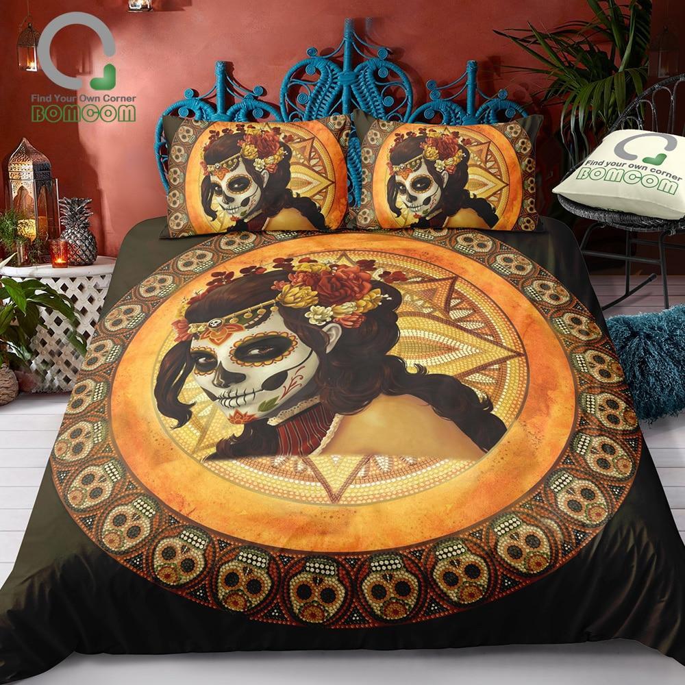 Bomcom 3D Digital Printing Day Of The Dead Dia De Los Muertos Mexican Dark Horror Witchkull 100% Microfiber 3D Customized Duvet Cover Bedding Set