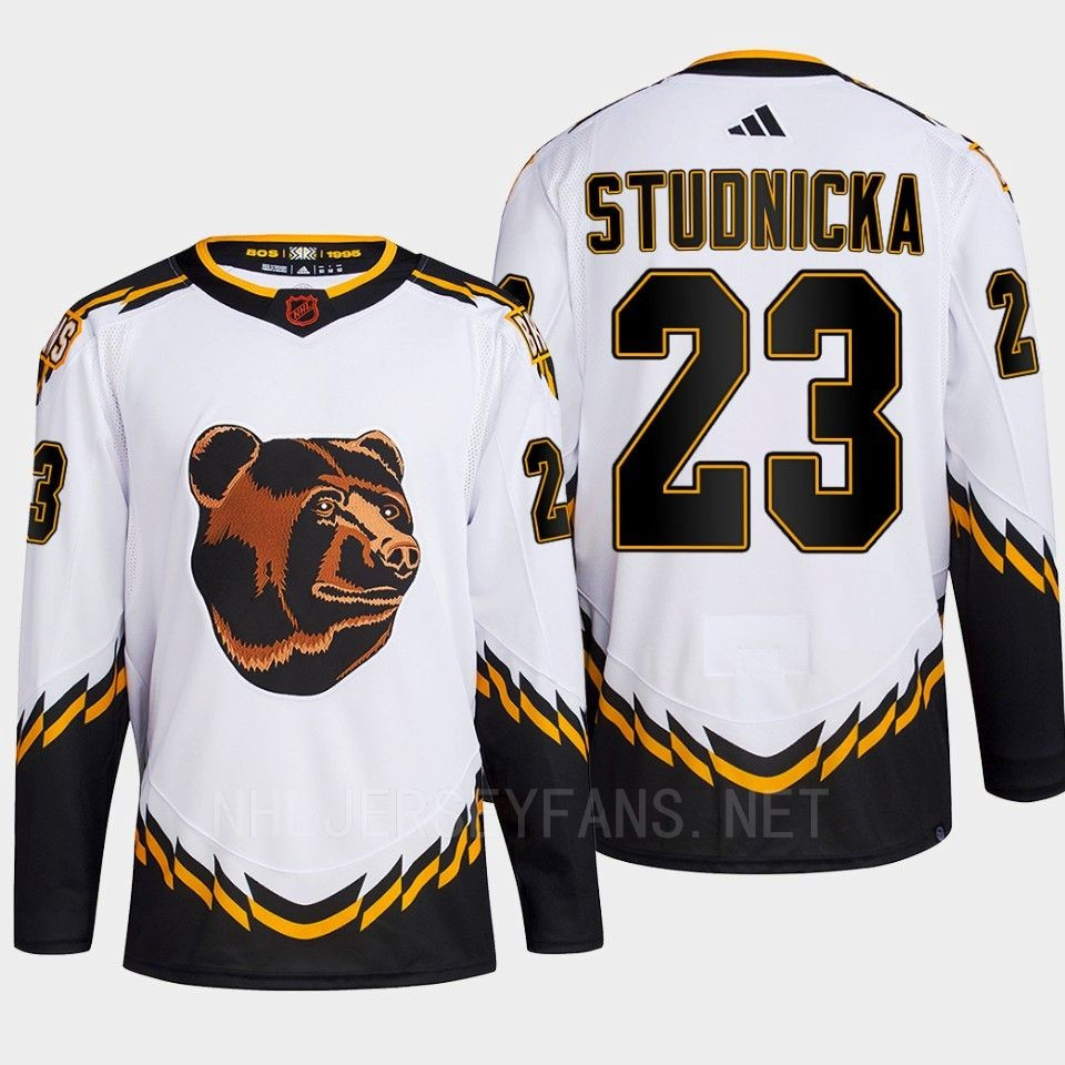 Boston Bruins 2022 Reverse Retro 2.0 Jack Studnicka 23 White Primegreen Stitched Jersey Men’s