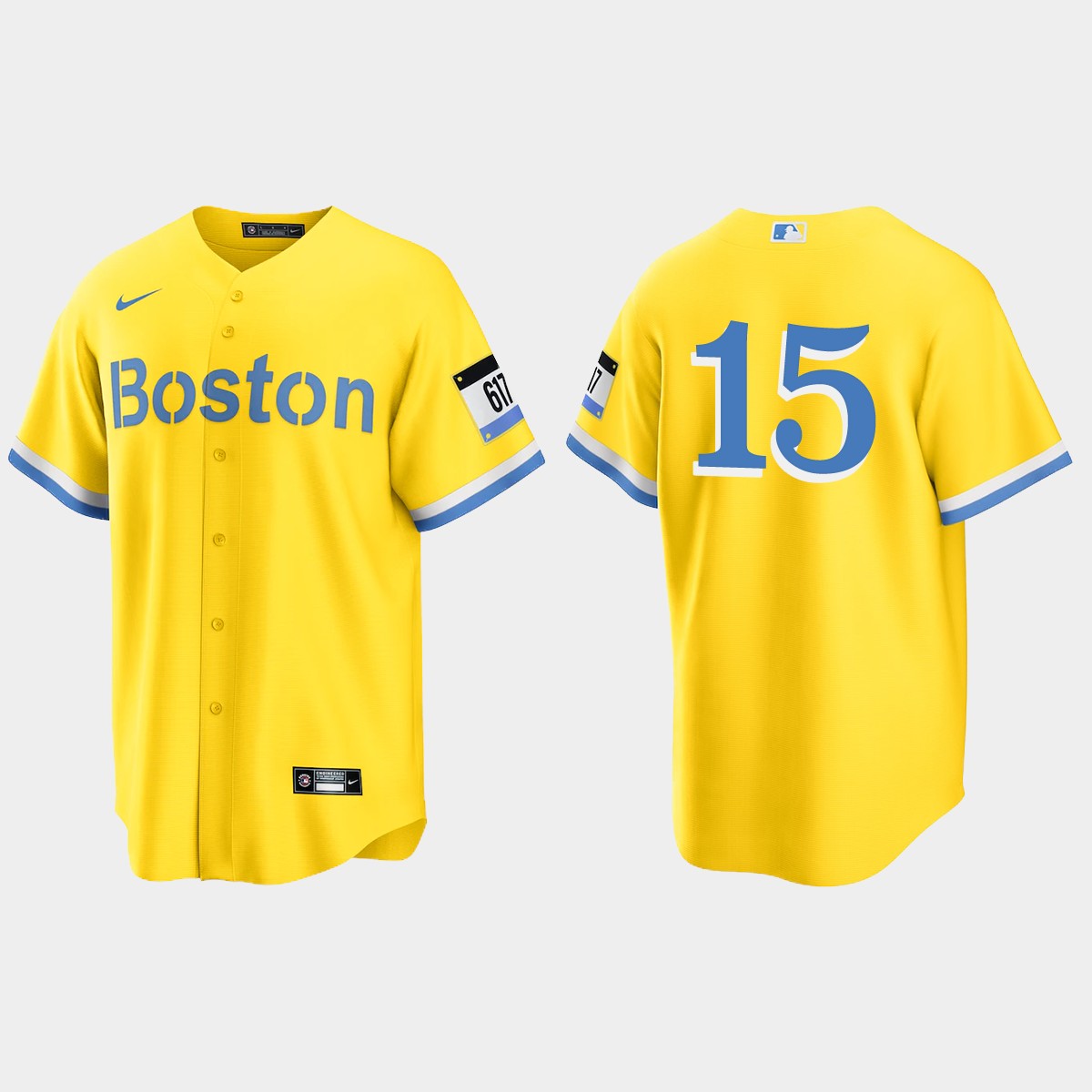 Boston Red Sox #15 Dustin Pedroia 2021 City Connect Jersey - Gold Light Blue