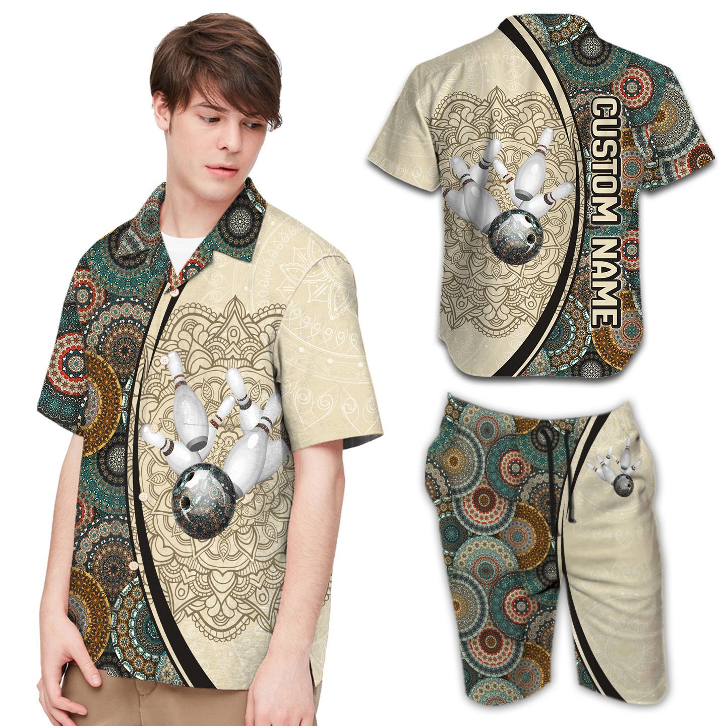 Bowling Mandala Pattern Custom Name Men Hawaiian Shirt For Sport Lovers