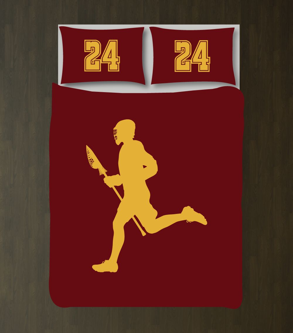 Boys Lacrosse Silhouette With Jersey Numbers Customized Burgundy And Mustard Yellow Duvet Cover Bedding Set
