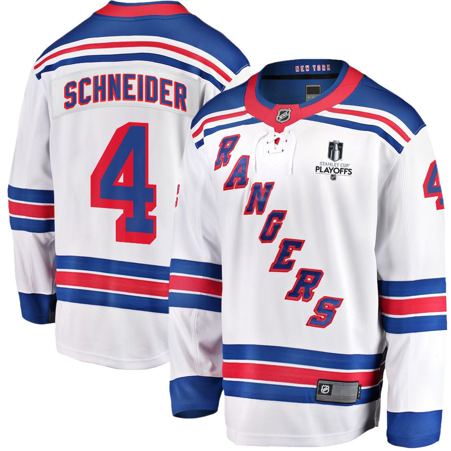 Braden Schneider 4 New York Rangers Stanley Cup 2023 Playoffs Patch Away Breakaway Men Stitched Jersey – White