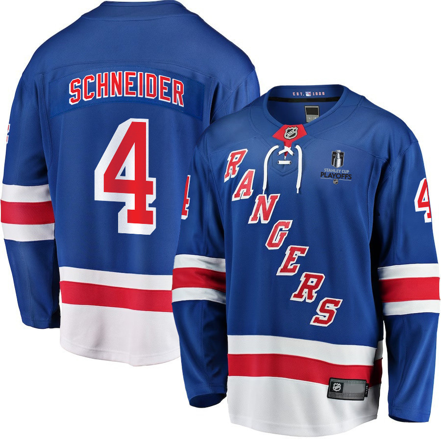 Braden Schneider 4 New York Rangers Stanley Cup 2023 Playoffs Patch Home Breakaway Men Stitched Jersey – Blue