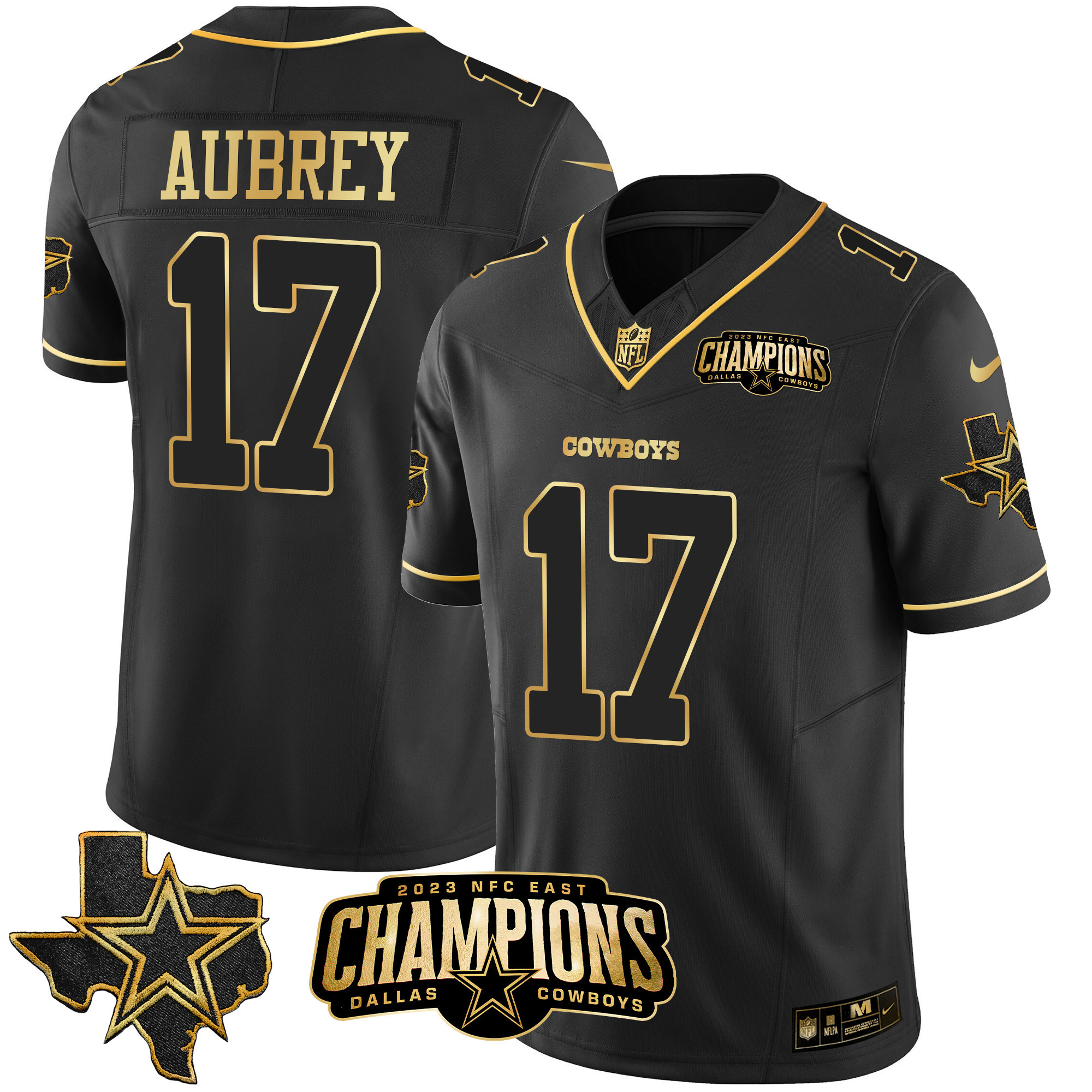 Brandon Aubrey Men's Dallas Cowboys 2023 NFC East Champions Patch Gold Vapor Black Gold Jersey - All Stitched 